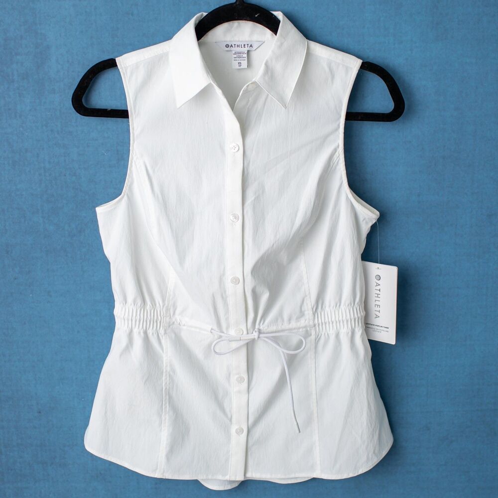 Athleta Levitate Poplin Tank XS White Button Front Drawstring Waist NWT $119